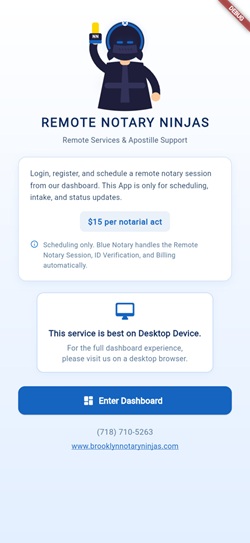 Remote Notary Ninjas mobile app preview for iPhone and Android booking